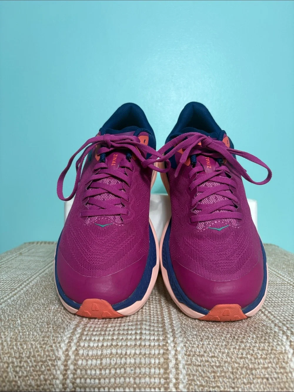 Hoka Women's Zinal Trail Running Shoe. Fuchsia/Navy Blue/Orange Accents. Size-7